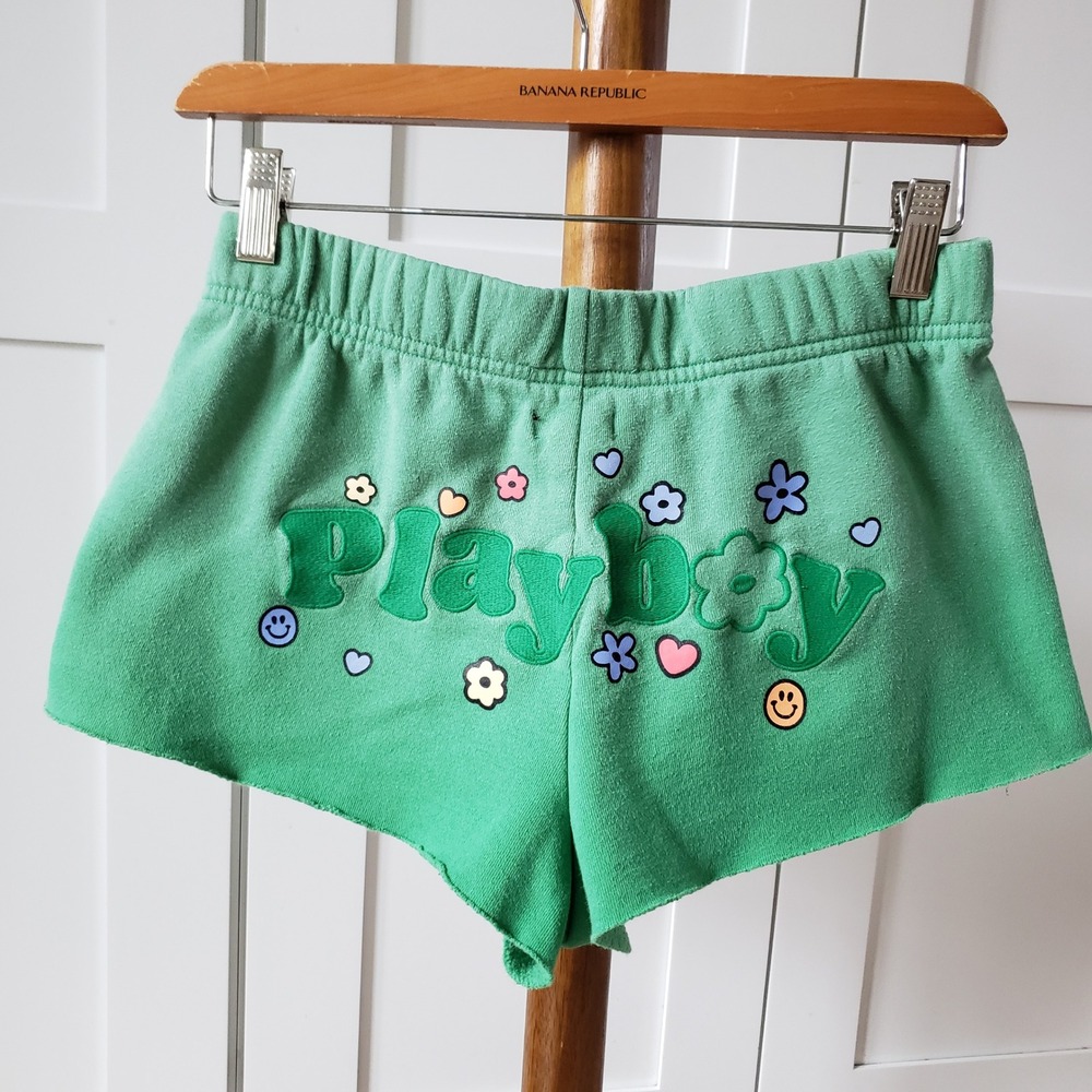 Playboy Garden of Eden Sweatshorts Womens XS Green Embroidered Mini Casual